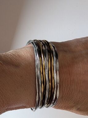 Handmade Cuff Bracelet - Hammered Brass, Silver, and Copper